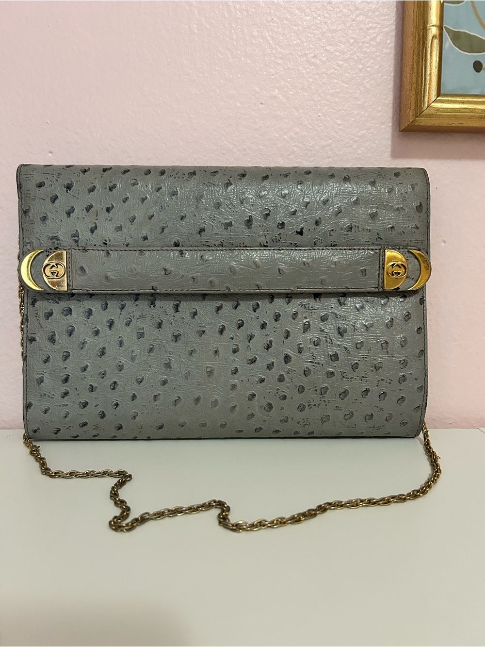 Gorgeous Rare Vintage 1970’s Gray Gucci Ostrich Evening Bag with Gold Chain